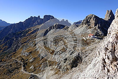 Panorama of the Dolomites from the Via Ferrata Innerkofler, Monte Paterno. Stock Photo