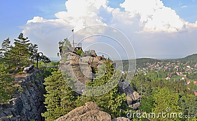 Via ferrata Nonnenfelsen - look on rock peak with a flag Stock Photo