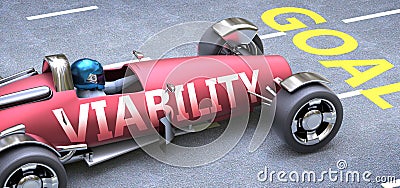 Viability helps reaching goals, pictured as a race car with a phrase Viability on a track as a metaphor of Viability playing vital Cartoon Illustration