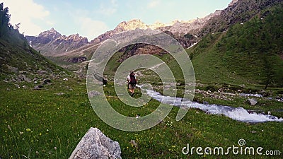 Viaggiatore con zaino e sacco a pelo che fa un'escursione nel paesaggio idilliaco Avventure ed esplorazione di estate sulle alpi, stock footage Viaggiatore con zaino e sacco a pelo che fa un'escursione nel paesaggio idilliaco Avventure ed esplorazione di estate sulle alpi, stock footage