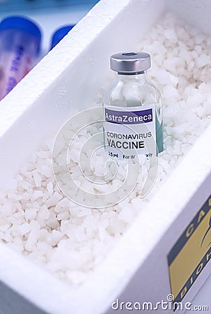 Vial of cold-prepared Astrazeneca vaccine for injection Editorial Stock Photo