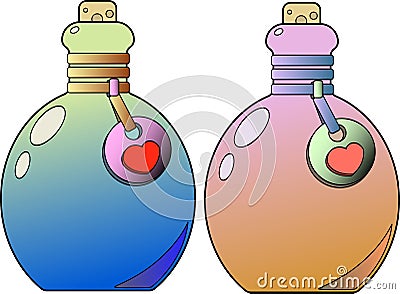 A vial of love potion. Label with heart and cork Vector Illustration