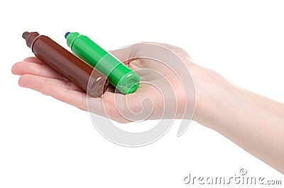 Vial marker brilliant green and iodine in hand Stock Photo