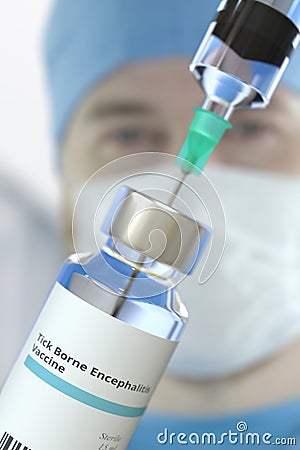 Vial with tick-borne encephalitis TBE vaccine and syringe against blurred doctor`s face. 3D rendering Stock Photo