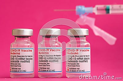 Vials of Moderna vaccine for COVID-19 Editorial Stock Photo