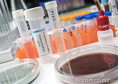 Vials with samples of SARS-COV-2 Covid-19 in a research laboratory Stock Photo