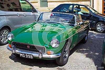 Vianden, Luxembourg; 08/12/2018: green MG MGB, an vintage old classic sport car Editorial Stock Photo