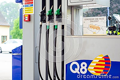 Vianden, Luxembourg - July 27, 2019: Q8 Gas Station. Kuwait Petroleum International, known by our trademark Q8, was established in Editorial Stock Photo