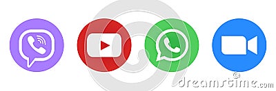 Viber, Youtube, WhatsUp and Zoom - popular messengers, video chat and voice calls, video platform, internet service. Application Vector Illustration