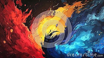 Vibrant abstract art explodes with fiery reds and deep blues, capturing the dynamic interplay of elements Stock Photo