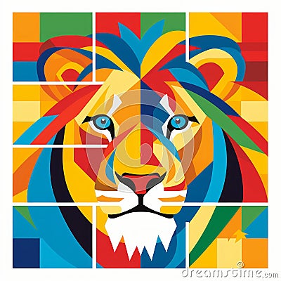 Vibrant Abstract Lion: Modern De Stijl Style With Geometric Grid Stock Photo