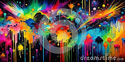 A vibrant abstract painting with colorful splashes and drips creating a dynamic and energetic visual experience Stock Photo