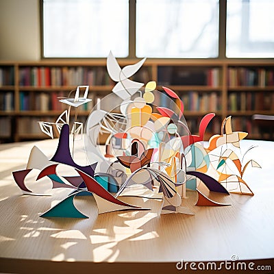 Vibrant Abstract Paper Cutouts: Artistic Arrangement on White Tablecloth Stock Photo