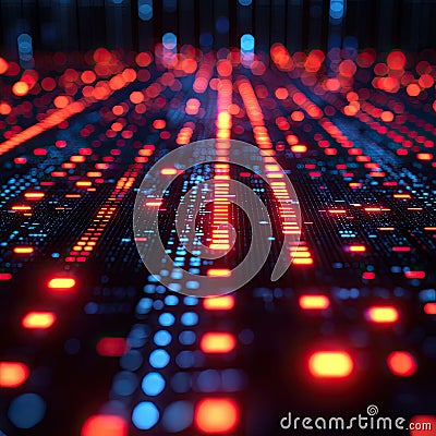 Futuristic Data Stream Visualization Red and Blue Information Nodes Flowing Through a Digital Network Grid Stock Photo