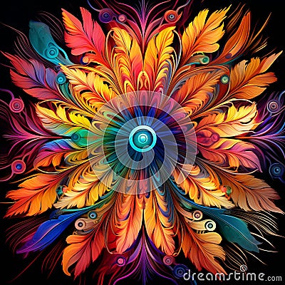 Vibrant Aerial Kaleidoscope with Feathers Stock Photo