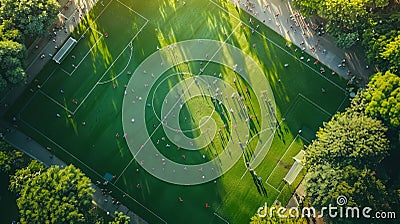 Vibrant aerial view of children s soccer game with enthusiastic parents at community park Stock Photo