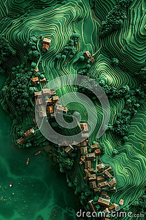 Vibrant aerial view of cultivated farmland fields in european countryside village Stock Photo