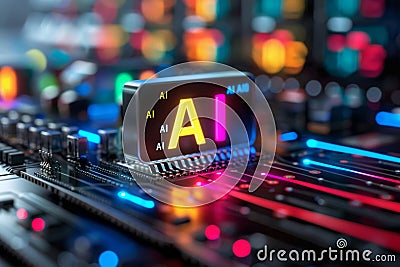 Vibrant AI digital display on a circuit board, symbolizing advanced technology, innovation, and dynamic digital transformation Stock Photo