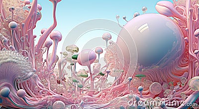 A vibrant alien ecosystem with pink and blue flora, featuring large spheres and intricate lifeforms Stock Photo