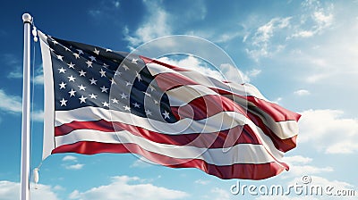 A vibrant American flag waving against a clear blue sky Stock Photo