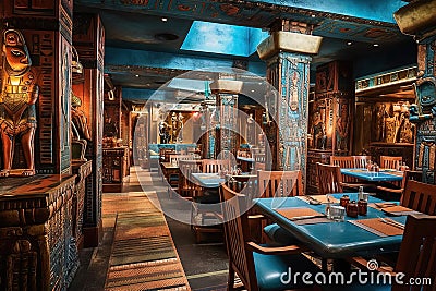 Vibrant Ancient Egyptian eatery, where diners recline on luxurious cushions, feasting on succulent roasted meat, immersed in the Cartoon Illustration