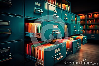 Vibrant archive cabinet, organized with colorful folders and important documents Stock Photo