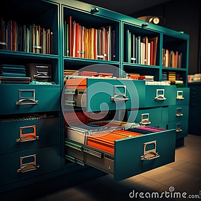 Vibrant archive cabinet, organized with colorful folders and important documents Stock Photo