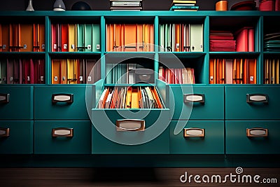 Vibrant archive cabinet, organized with colorful folders and important documents Stock Photo