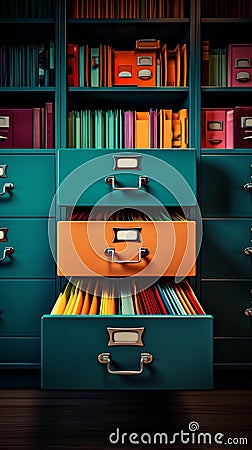 Vibrant archive cabinet, organized with colorful folders and important documents Stock Photo