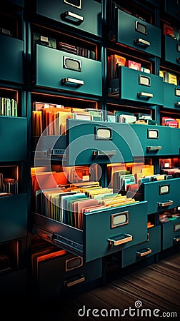 Vibrant archive cabinet, organized with colorful folders and important documents Stock Photo