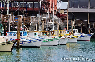 Vibrant array of boats moored in the calm waters of a harbor in San Francisco, the USA Editorial Stock Photo