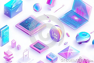 Exploring innovative low code development through colorful coding symbols and tech objects Stock Photo