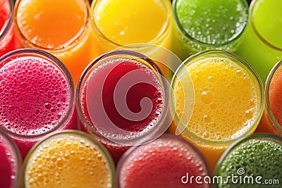 A vibrant array of colorful fruit juices creates a refreshing, dynamic background Stock Photo