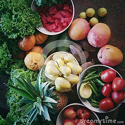 Vibrant array of fresh Peruvian fruits and vegetables. Stock Photo