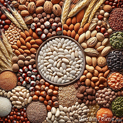 A vibrant array of grains and legumes, neatly arranged by color. Generative AI Stock Photo