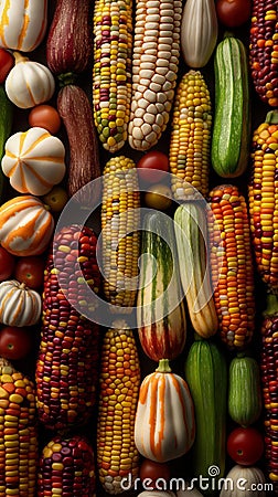 Vibrant array of various corn cobs arranged in a pattern. Stock Photo