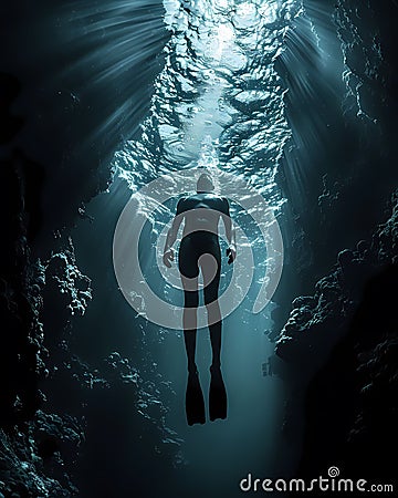 Vibrant Artful Depiction of Extreme Sport Free Diving with Underwater Swimmer Stock Photo