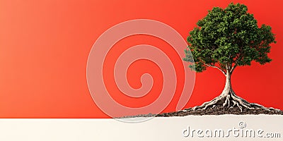 Vibrant artistic rendering of a single tree with sprawling roots set against a bold red background symbolizing resilience conne Cartoon Illustration
