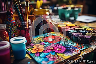 Vibrant Artists Desk. A Collection of Paints and Brushes for Inspiring Creative Work Stock Photo