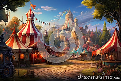 Vibrant artwork showcasing a lively circus scene featuring numerous circus tents and performers, A vintage circus populated with Stock Photo