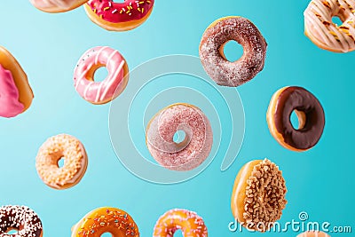 Vibrant Assortment Of Donuts Suspended In Midair Creating A Delicious Spectacle Stock Photo