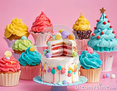 Vibrant Assortment of Frosted Cupcakes Stock Photo