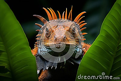 Vibrant Astro Dragon. Close-up Symmetrical Portrait in Lush Exotic Jungle Wilderness Stock Photo