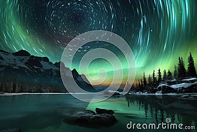 vibrant aurora spiraling around earths magnetic pole Stock Photo