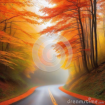 Vibrant autumn colors on winding rural road through forest wilderness generated by Cartoon Illustration