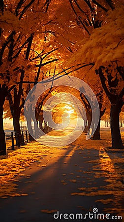 Vibrant autumn scene Golden trees sunlight parks Stock Photo
