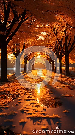 Vibrant autumn scene Golden trees sunlight parks Stock Photo