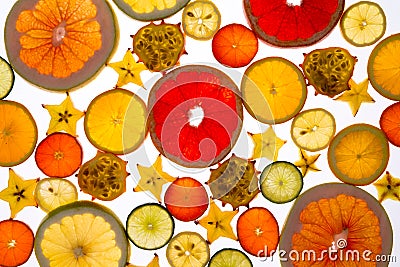 Vibrant backdrop of translucent sliced fresh fruit Stock Photo