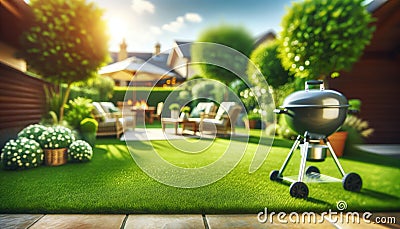 Cozy Backyard BBQ Scene with Lush Green Lawn, AI Generated Stock Photo