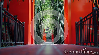 Vibrant bamboo tunnel a serene path through lush greenery framed by a bold red wall Stock Photo